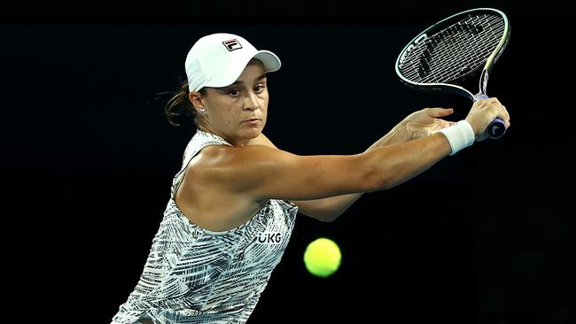 Ash Barty lays a backhand in her semi-final win over Madison Keys. Picture: Getty Images.