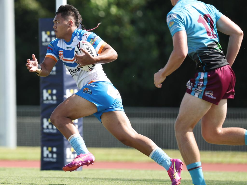 Taakoi Benioni looks for a gap in the Queensland Rugby League (QRL) Under 19 Men's match between the Northern Pride and the Mackay Cutters, held at Barlow Park. Picture: Brendan Radke