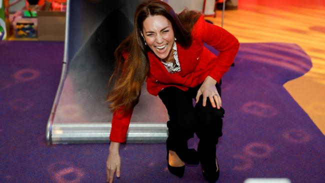 The Duchess of Cambridge tries out a slide at the Lego Foundation Play Lab in Copenhagen. Picture: Getty Images.