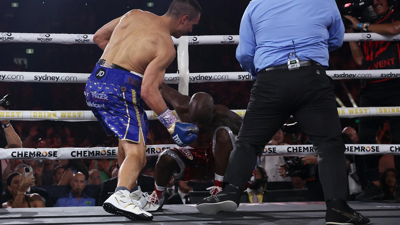 Tim Tszyu knocks Tony Harrison down. (Photo by Mark Kolbe/Getty Images)