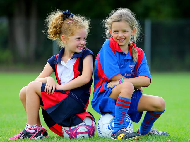 Friends Cassie Hill 6 and Rosie Ferguson 6. Cassie starts netball this year while her friend Rosie starts soccer. Pic Nathan Edwards