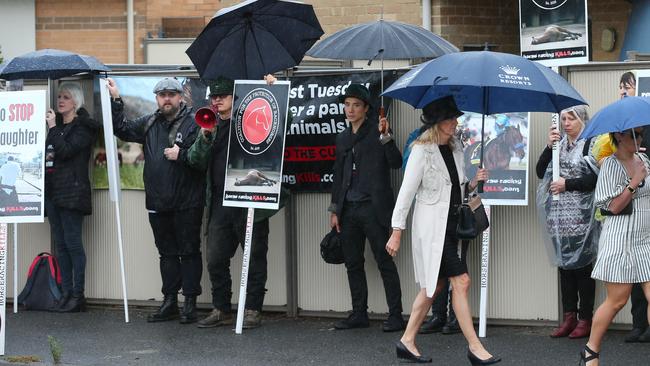 Animal activists stage a protest outside Flemington Racecourse. Picture: AAP