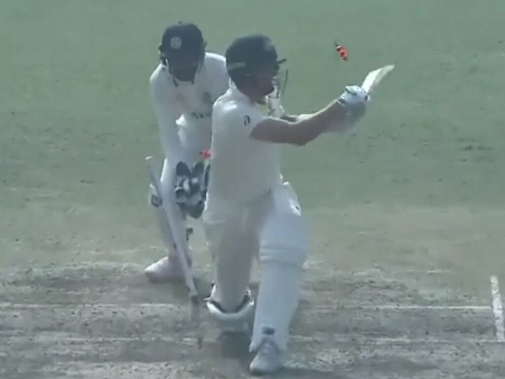 Pat Cummins hacked across the line at his first ball from Ravindra Jadeja. Picture: Fox Sports