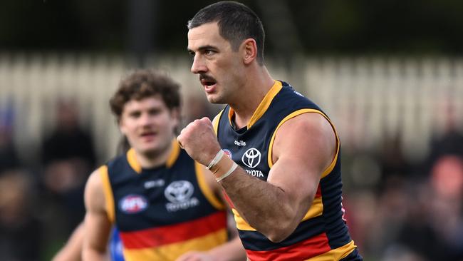 Walker celebrates a goal during the round 15 AFL match between the North Melbourne Kangaroos and the Adelaide Crows at Blundstone Arena on June 26, 2022 in Hobart. Photo by Steve Bell/Getty Images.