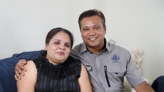 Marine pilot Ritesh Bhamaria, who pulled off the miracle rescue of two men in the Torres Strait last year, with his wife Rashmi. Picture: Stewart McLean