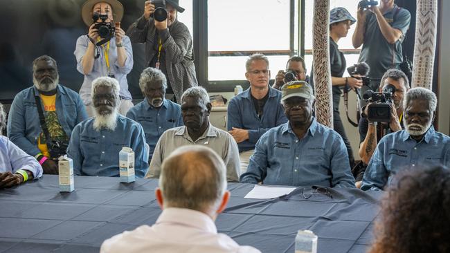 Prime Minister Anthony Albanese addresses Yolngu Elders on Friday during the Garma Festival at Gulkula in East Arnhem. Picture: Tamati Smith/Getty Images