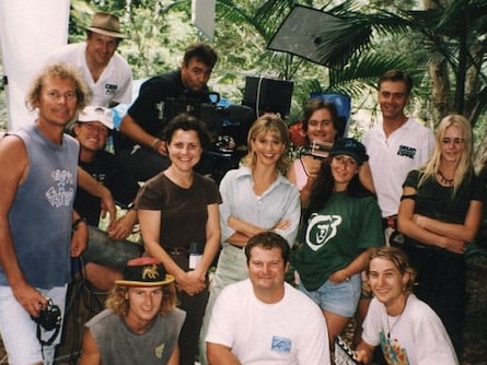 Newton-John (centre) with the film crew. Picture: Michael Jackson