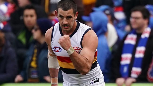 Taylor Walker of the Crows celebrates after kicking a goal during the Round 23 AFL match between the Western Bulldogs and the Adelaide Crows at Mars Stadium in Ballarat, Sunday, August 25, 2019. (AAP Image/Scott Barbour) NO ARCHIVING, EDITORIAL USE ONLY