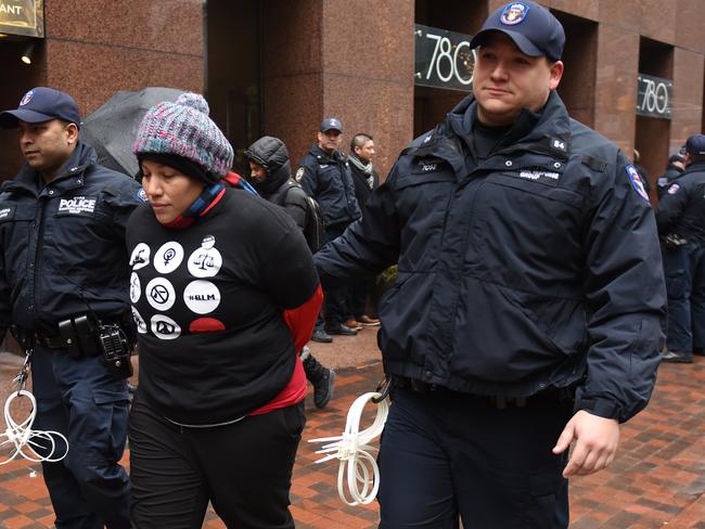 A ‘Dreamer’ is arrested by the New York Police Department as she and a group of amnesty protesters staged a sit-in at New York Senator Chuck Schumer’s office in New York on January 17. Picture: AFP Photo/Timothy A. Clary