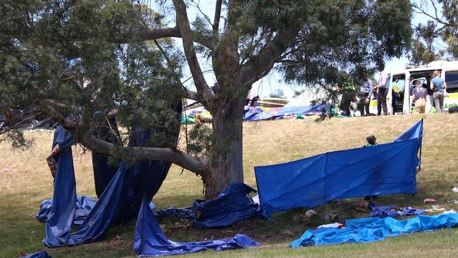 Police and emergency services at Hillcrest Primary School after the jumping castle tragedy. Picture: ABC News