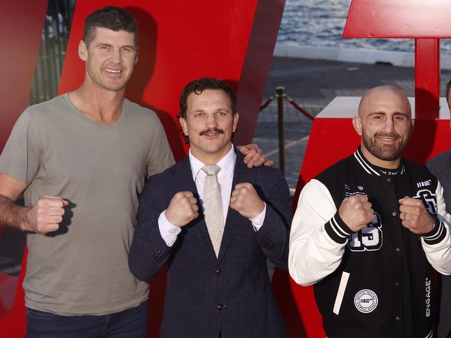 DAILY TELEGRAPH JULY 26, 2023. UFC fighters Alex Volkanovski, Tai Tuivasa and Jack Jenkins with Jonathan Brown and Matty Johns at the Overseas Passenger Terminal. Picture: Jonathan Ng