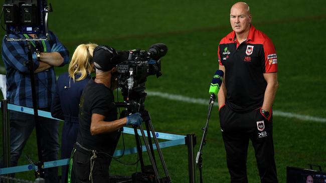 St George Illawarra coach Paul McGregor is interviewed following his side’s 18-0 loss to the Warriors in Gosford on Saturday. Picture: AAP