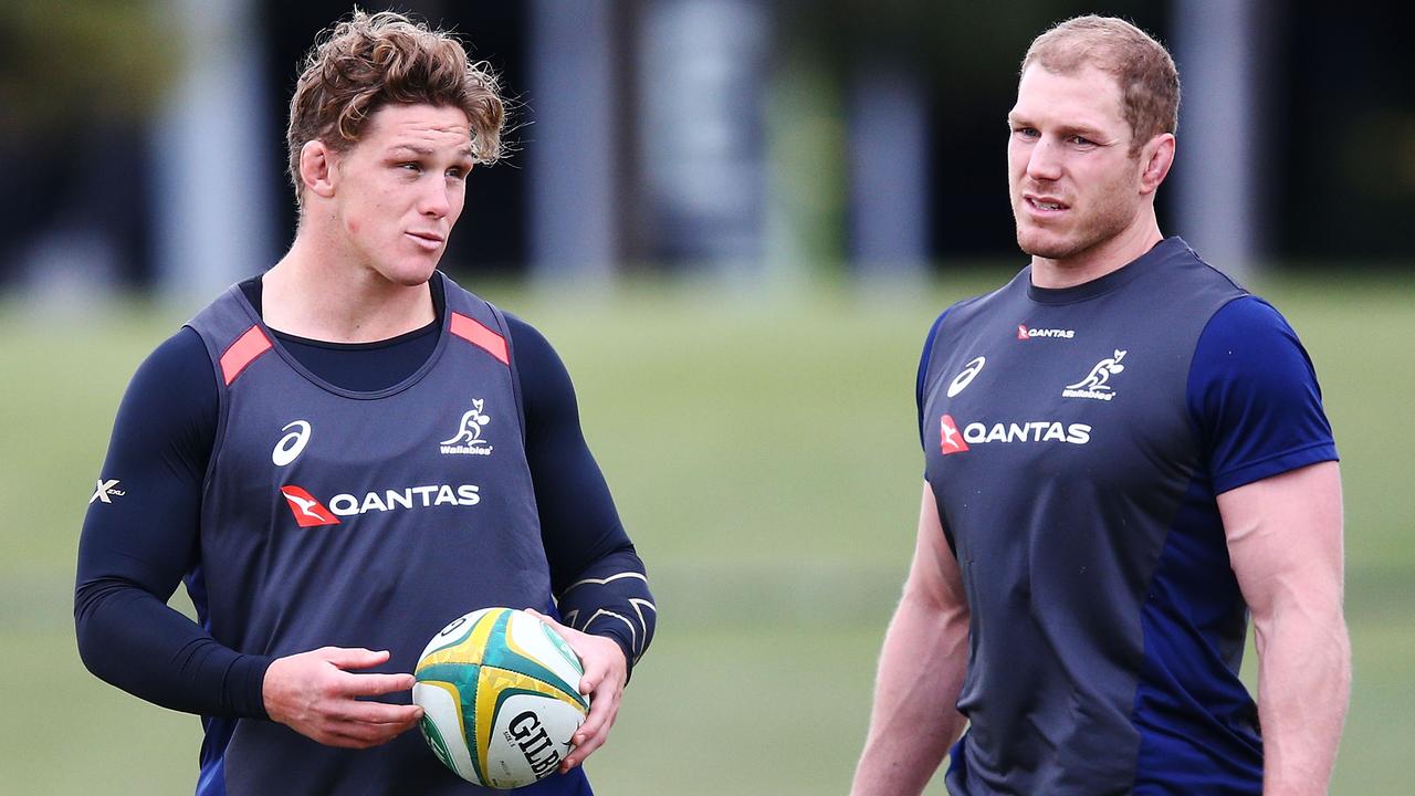 Michael Hooper talks to David Pocock of the Wallabies in Melbourne.