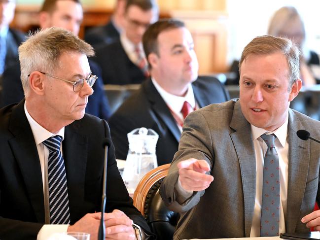 Mike Kaiser with then deputy premier Steven Miles in estimates. Picture: John Gass