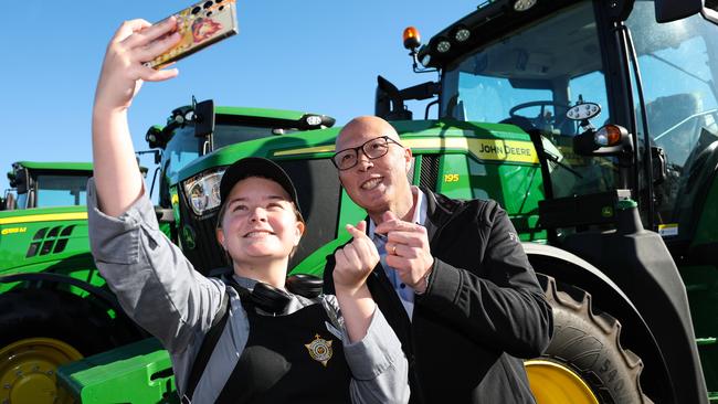 Peter Dutton took time out for a selfie at AgFest at Carrick, just outside of Launceston, in the seat of Lyons. Picture: Adam Head / NewsWire
