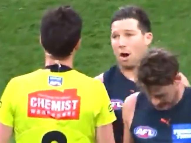 28/08/2021 Stills from vision  showing Greater Western Sydney star Toby Greene walking towards umpire Matt Stevic, complaining as he bumped him on the way to the side’s three-quarter time huddle.  Picture Fox Sports