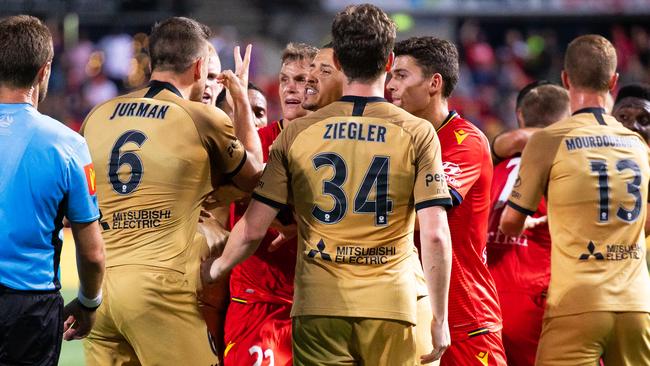 It was a heated match at Hindmarsh Stadium between United and the Wanderers. Picture: Daniel Kalisz/Getty Images.