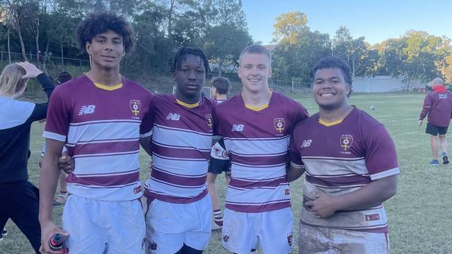 St Peters Lutheran College's First XV rugby players from the Springfield campus. Left to right: Kadin Pritchard, Hassan Sheriff, Noah Duncan and Moe Koroi.