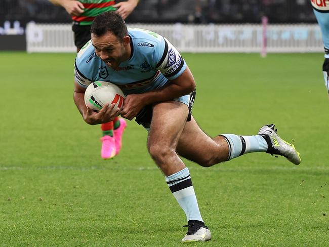 Braydon Trindall of the Sharks crosses for a try during the round 23 NRL match between South Sydney Rabbitohs and Cronulla Sharks at Optus Stadium on August 05, 2023 in Perth, Australia. Picture: Paul Kane/Getty Images