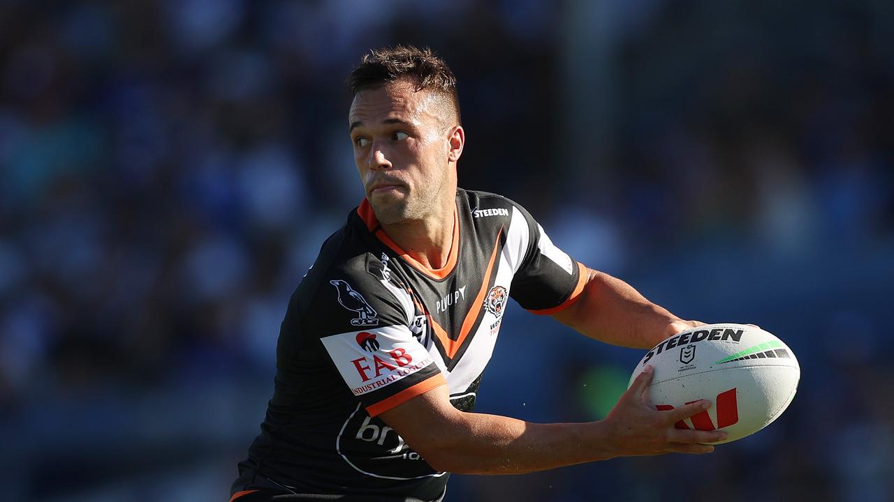 Luke Brooks has kept his spot in the halves despite struggling to create anything in attack for a Tigers side that has lost its opening four matches. Picture: Mark Metcalfe/Getty Images