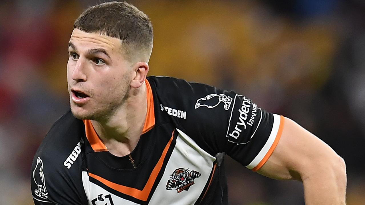 BRISBANE, AUSTRALIA - JULY 30: Adam Doueihi of the Tigers in action during the round 20 NRL match between the Wests Tigers and the New Zealand Warriors at Suncorp Stadium, on July 30, 2021, in Brisbane, Australia. (Photo by Albert Perez/Getty Images)