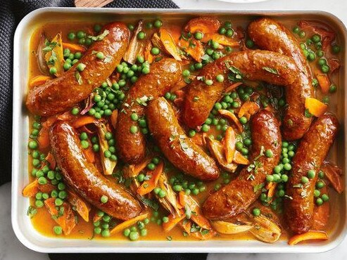 Curried sausages tray bake.