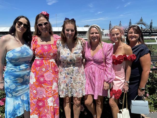 Emma Graham, Elaine Savage, Lynda Ellis, Lorissa Edwards, Kristy Wright and Bianca Stewart at the 2024 Oaks Day. Picture: Himangi Singh.