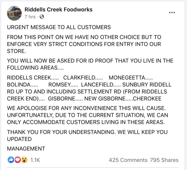 Posted on the Riddells Creek Foodworks Facebook page management say they've had enough.