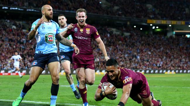 Valentine Holmes scores a try for the Maroons. Picture: Adam Head