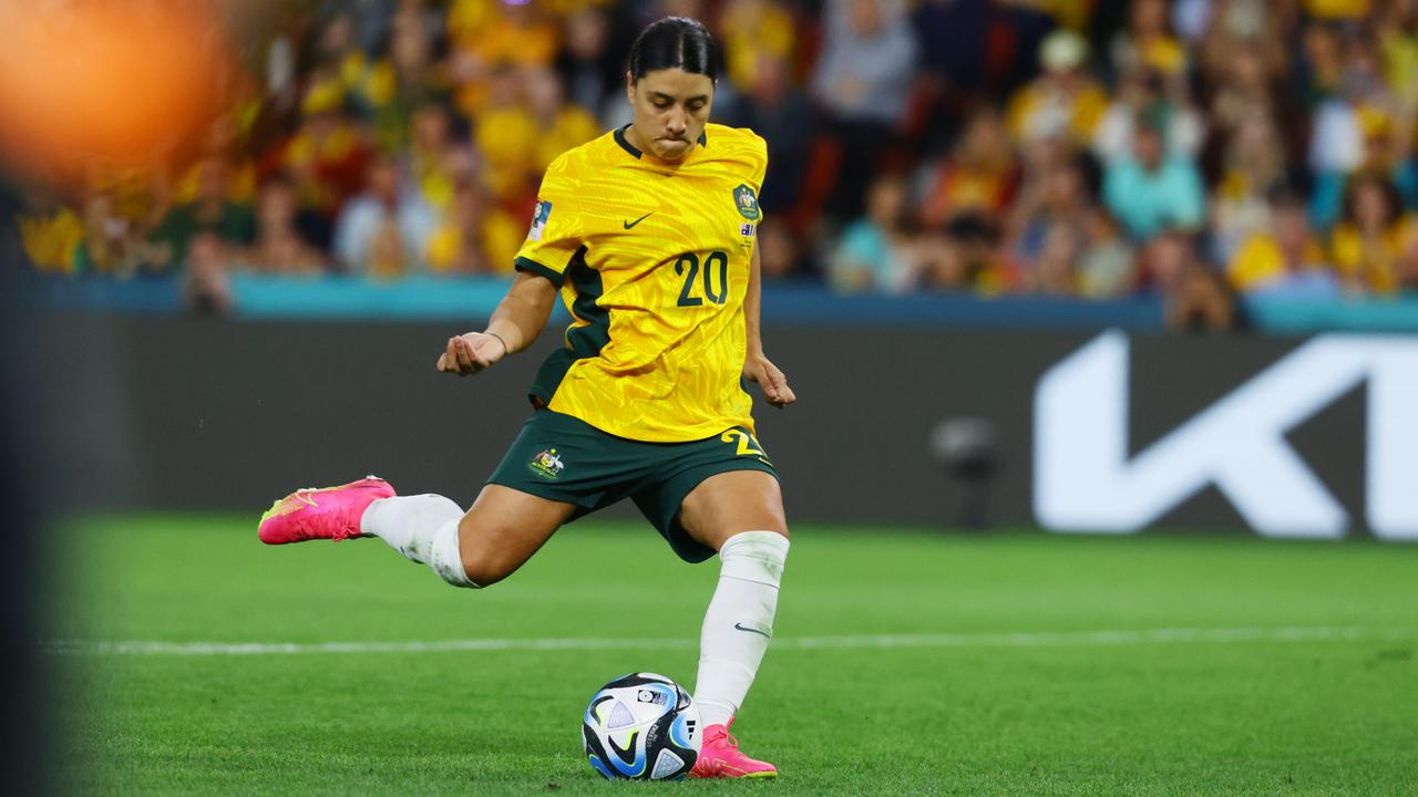 Sam Kerr buries her spot kick during the FIFA Womens World Cup Quarter final match between against France at Brisbane Stadium. Picture Lachie Millard