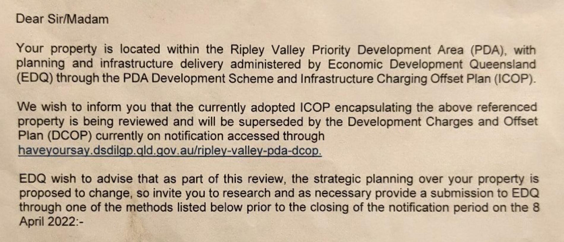 Though the letter the Scotts received from the government was not dated, it stated they had until April 8 to lodge their submissions. Picture: Supplied