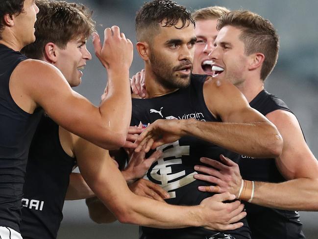 AFL Round 1. Richmond vs Carlton at the MCG..  20/03/2020.  Jack Martin of the Blues celebrates his 1st goal for the blues   . Pic: Michael Klein