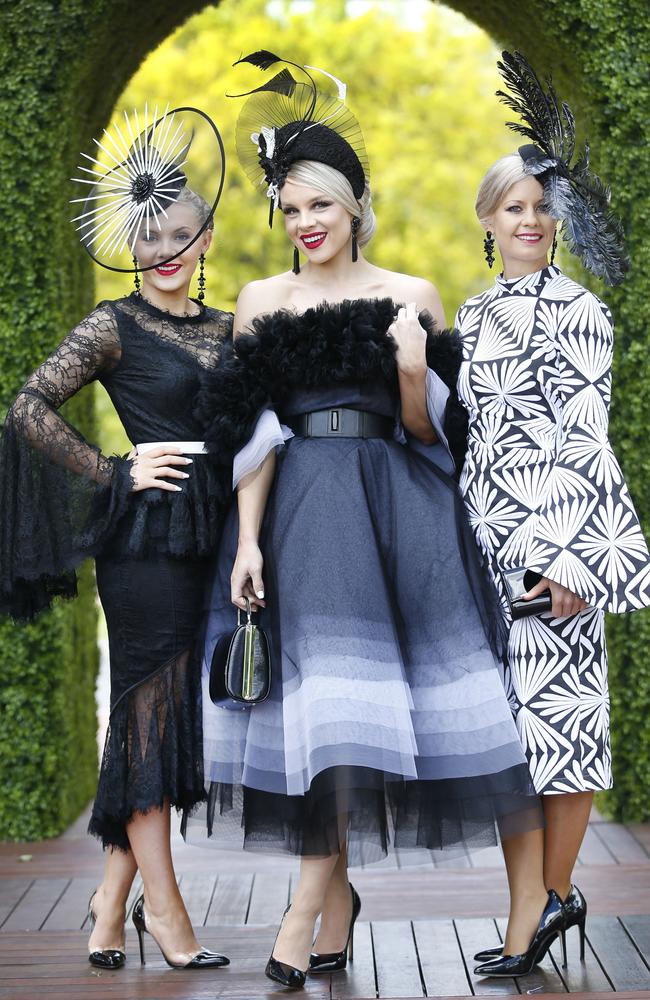 Myer Fashions On The Field contestants Alexandra Jones, Brittney Tamou and Kymberlee Cockrem. Picture: David Caird.