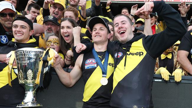 Jack Higgins joins Richmond’s premiership celebrations. Picture: Michael Klein