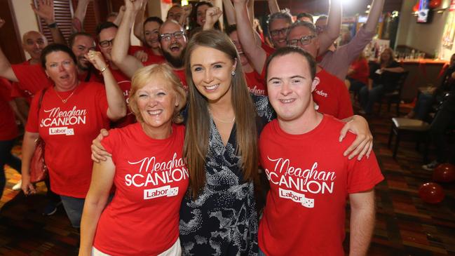 Meaghan Scanlon with her mother Margaret and brother Callum at her election night party. Picture: Mike Batterham