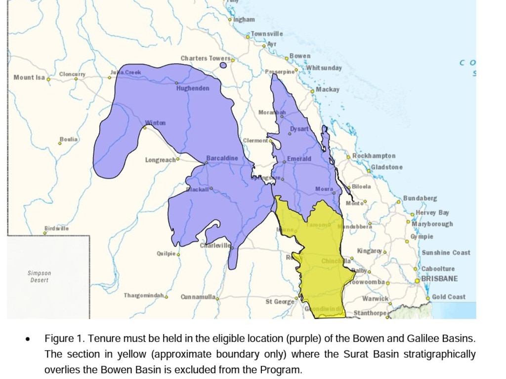 The boundaries for where companies can drill for new gas wells across the Bowen and Galilee Basins with support from $21 million in funding from the state government. Picture: Department of Resources