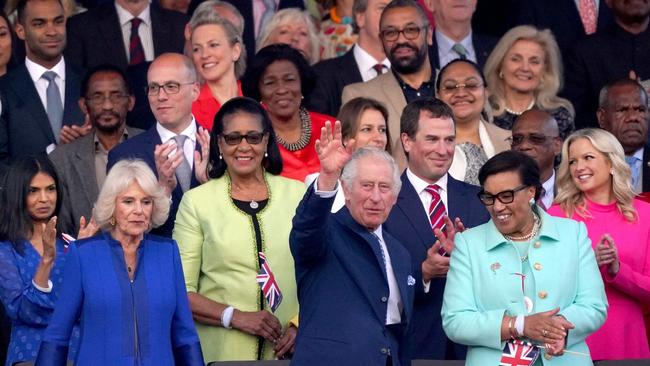 Queen Camilla and King Charles III surrounded by VIPs in the royal box during the coronation concert. Picture: AFP