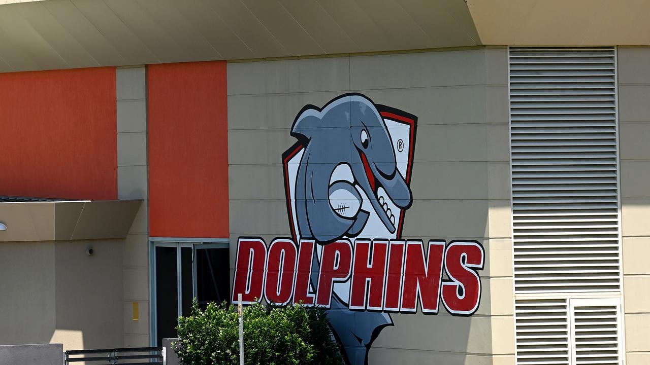 REDCLIFFE, AUSTRALIA - OCTOBER 15: The Redcliffe Leagues Club and the Dolphins logo is seen on October 15, 2021 in Redcliffe, Australia. The Dolphins will join the NRL for the 2023 season, becoming the 17th team in the competition. (Photo by Bradley Kanaris/Getty Images)