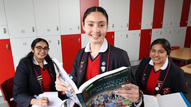 Year 12 students Oneli 18, Gabrielle 18 and Avantiika 17 have been studying hard for their exams. Picture: David Caird