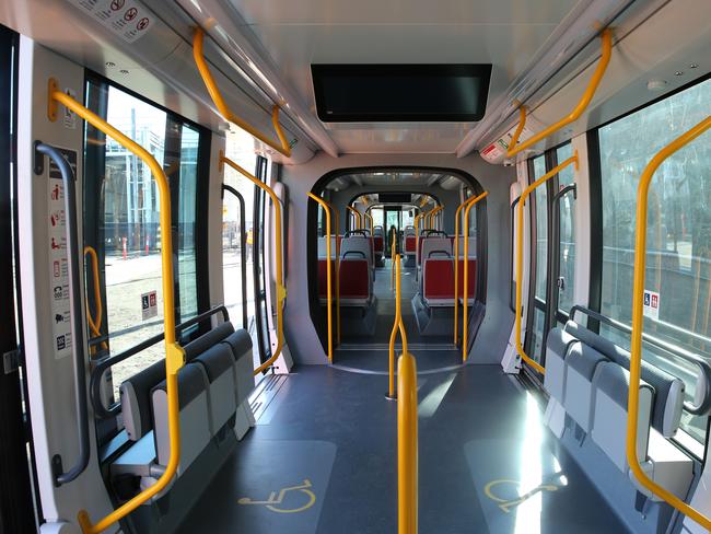 The interior of the first light rail vehicle delivered for the CBD and South East Light Rail. Picture: Tim Hunter.