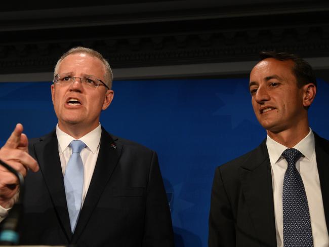 Prime Minister Scott Morrison addresses the Liberal Party Wentworth by-election function with Dave Sharma by his side. Picture: AAP Image/Dan Himbrechts