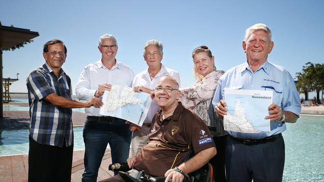 Ron Crew, right, poses for photos with other proponents for a North Queensland breakaway state alongside Raj Patel, former KAP candidate for Leichardt Daniel McCarthy, retiree Bill Bates, former Cairns MP Rob Pyne and Emma Thirkell from Cairns Port Development Inc. PICTURE: BRENDAN RADKE