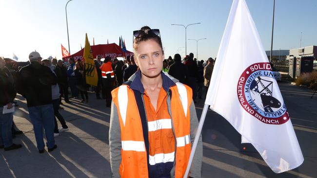 Sacked worker Hannah Matthewson on the picket of the Hutchison terminal at the Port of Brisbane. Pic Darren England.