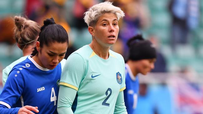 TASHKENT, UZBEKISTAN - FEBRUARY 24: Feruza Bobokhujaeva of Uzbekistan looks on with Michelle Heyman of Australia during the AFC Women's Paris 2024 Olympic Qualifier Round 3 match between Uzbekistan and Australia Matildas at Milliy Stadium on February 24, 2024 in Tashkent, Uzbekistan. (Photo by Tolib Kosimov/Getty Images)