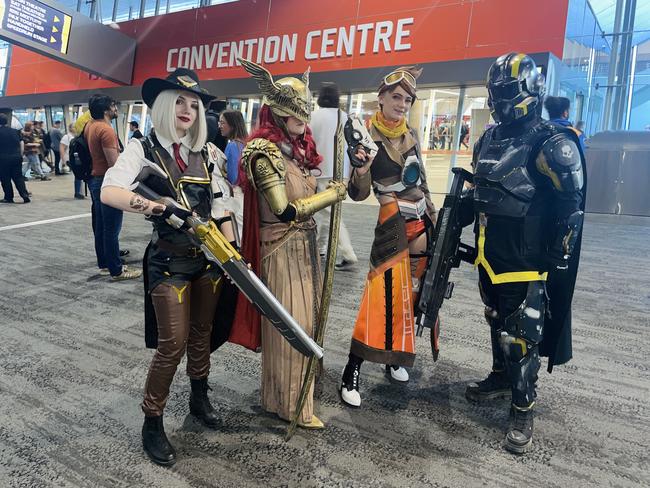 The PAX Aus Convention at the Melbourne Convention and Exhibition Centre (MCEC) on Saturday, October 12, 2024: Ebony March, Ally Vem, Pipa Anderson (sparkdoscosplays) and Helldiver A.tom_cosplays. Picture: Jack Colantuono