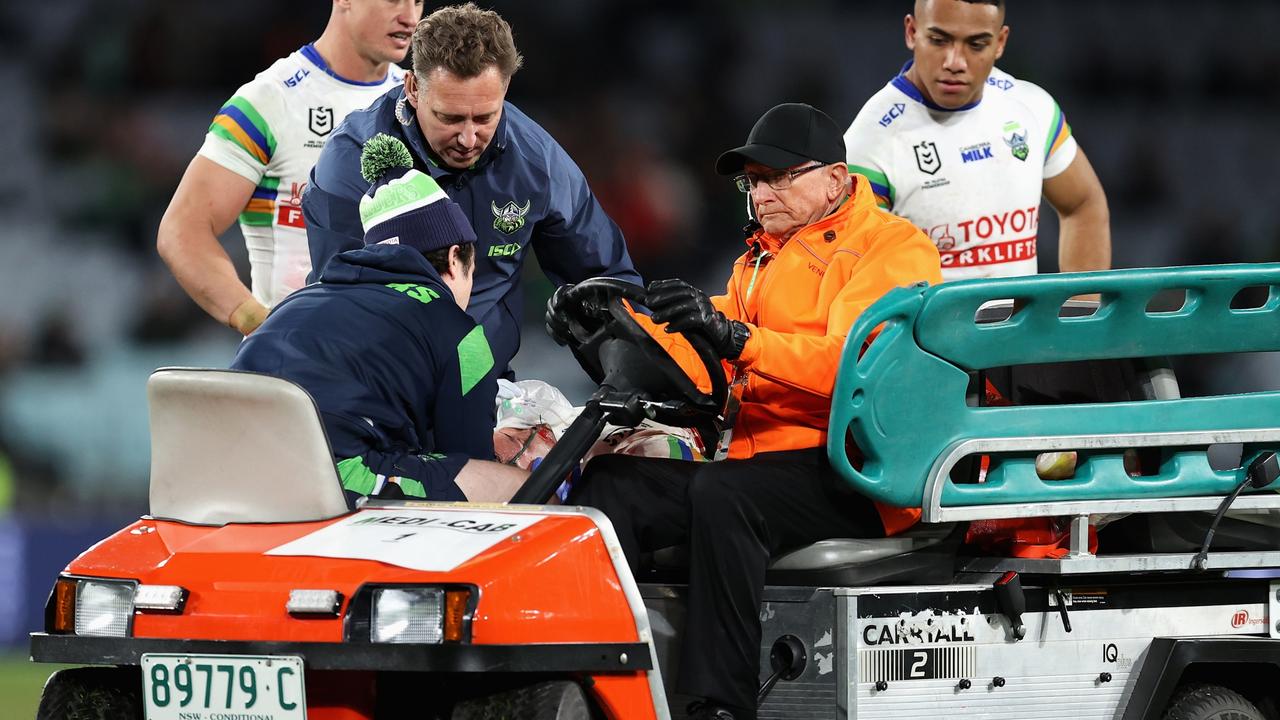 SYDNEY, AUSTRALIA - MAY 27: Corey Harawira-Naera of the Raiders is driven off the field in a Medi-Cab after collapsing during the round 13 NRL match between South Sydney Rabbitohs and Canberra Raiders at Accor Stadium on May 27, 2023 in Sydney, Australia. (Photo by Brendon Thorne/Getty Images)