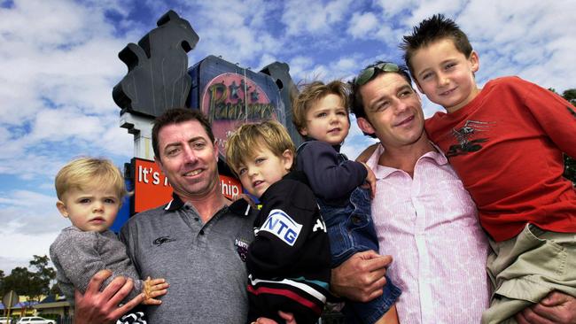 1991 Penrith grand final winners Greg Alexander (with kids Braith, 1, and Liam, 2) and Mark Geyer (with kids, Maverick, 2, and Logan, 2). Picture: Alan Pryke 3-10-03