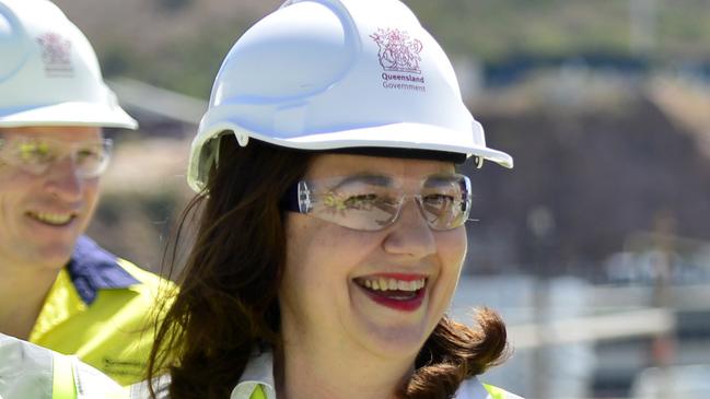 Premier Annastacia Palaszczuk visited the new North Queensland stadium in Townsville, where the first seat was put in place with the help of former North Queensland Cowboys player Johnathan Thurston. PICTURE: Matt Taylor.