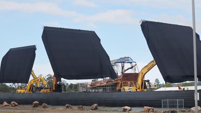 Large screens have been erected around the set ahead of the start of filming. Picture: Glenn Hampson.