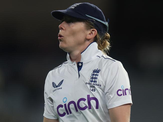 Heather Knight leads England off the ground after day two of the Test match at the MCG. (Photo by Daniel Pockett/Getty Images)